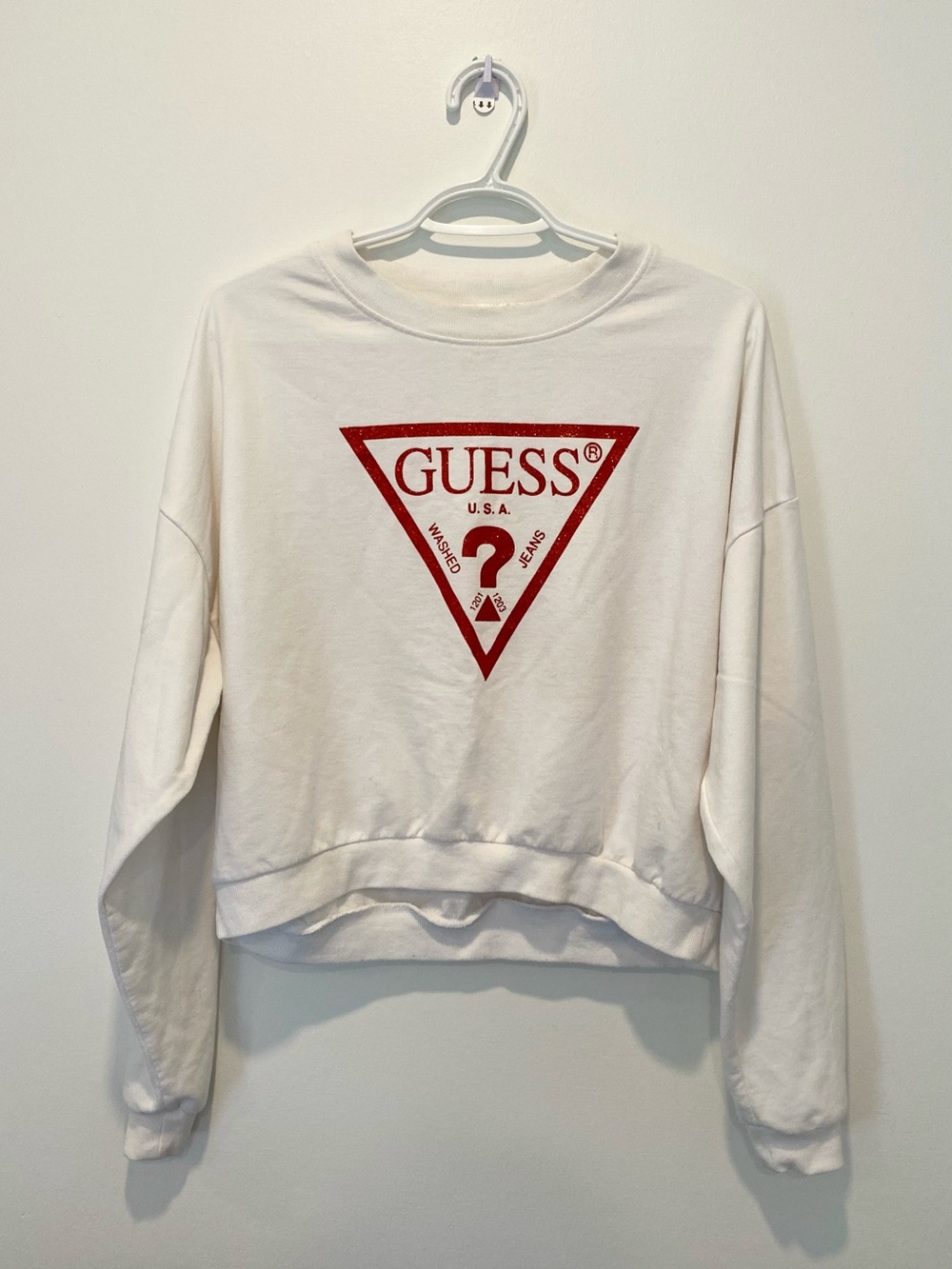 GUESS White Sweatshirt with Red Triangle Logo